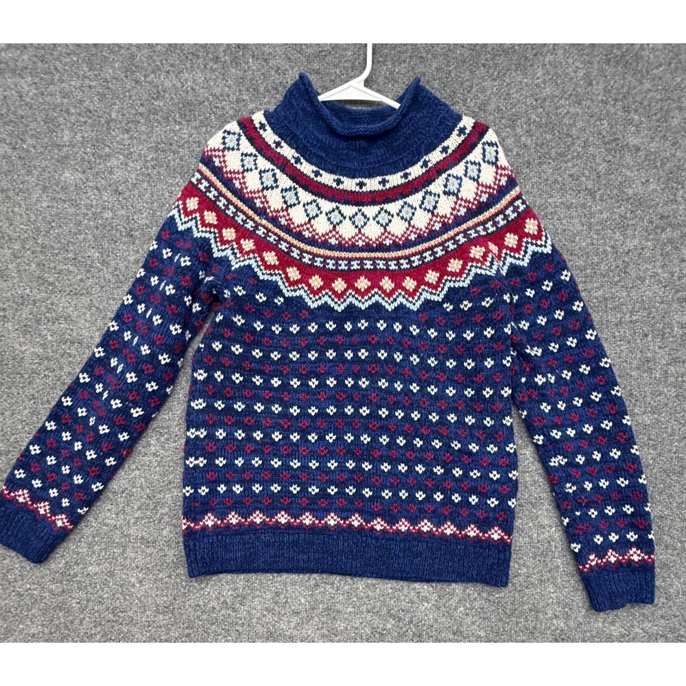 Lands End Womens Medium Tall Fair Isle Knit Sweater Blue Red Cotton Blend